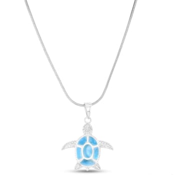 Textured Larimar Turtle Adjustable Rhodium Over Sterling Silver Necklace