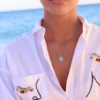 Textured Larimar Turtle Adjustable Rhodium Over Sterling Silver Necklace