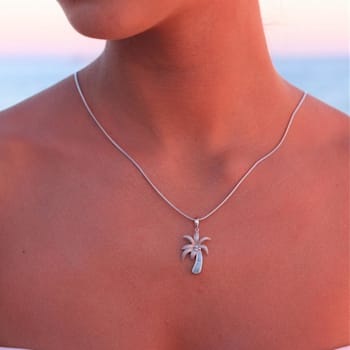 Textured Larimar Palm Tree Rhodium Over Sterling Silver Adjustable Necklace