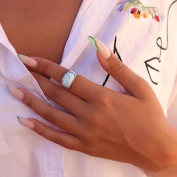 Larimar Front Rhodium Over Sterling Silver Band