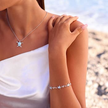Larimar Rhodium Over Sterling Silver Nautical Turtle Bracelet