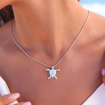 Larimar Swimming Turtle Rhodium Over Sterling Silver Adjustable Necklace