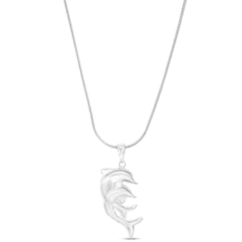 Larimar Double Dolphin Rhodium Over Sterling Silver Adjustable Necklace