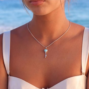 Larimar Heart and Key Rhodium Over Sterling Silver Adjustable Necklace