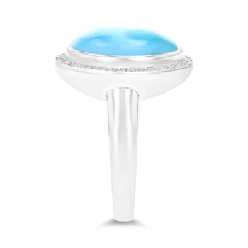 Larimar and Cubic Zirconia Rhodium Over Sterling Silver Halo Ring
