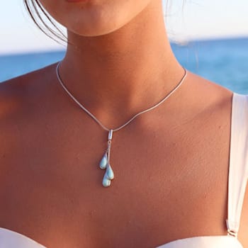 Larimar Triple Pear Rhodium Over Sterling Silver Adjustable Necklace