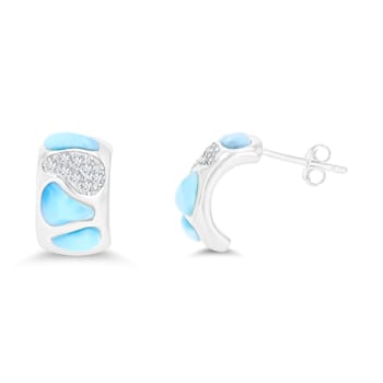 Larimar and Cubic Zirconia Mosaic Rhodium Over Sterling Silver Half Hoop Earring