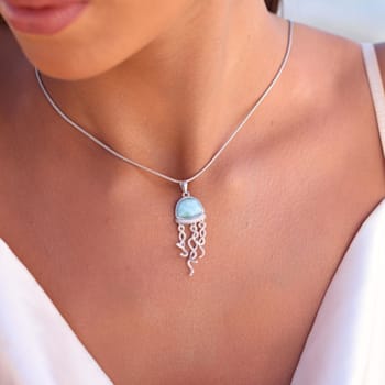Larimar and Cubic Zirconia Dangling Jellyfish Rhodium Over Sterling
Silver Adjustable Necklace