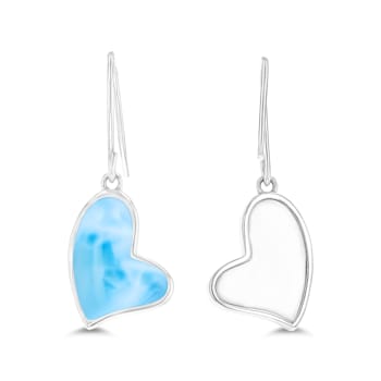 Larimar Heart Dangling Rhodium Over Sterling Silver Fishhook Earring