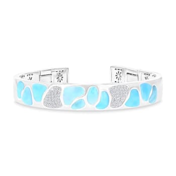 Larimar and Cubic Zirconia Rhodium Over Sterling Silver Mosaic Bangle Bracelet