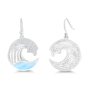 Larimar and Cubic Zirconia Wave Rhodium Over Sterling Silver FishHook Earring