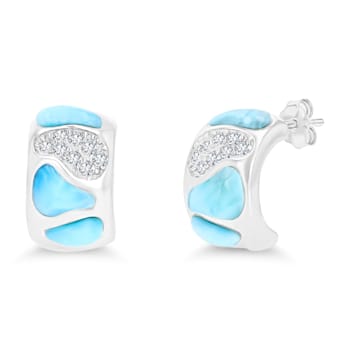Larimar and Cubic Zirconia Mosaic Rhodium Over Sterling Silver Half Hoop Earring