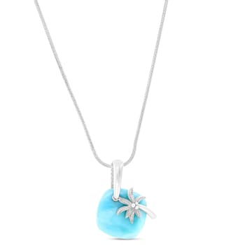 Larimar Plate Palm Tree Rhodium Over Sterling Silver Adjustable Necklace