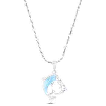 Larimar and Cubic Zirconia Mama/Baby Dolphin Rhodium Over Sterling
Silver Adjustable Necklace