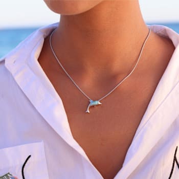 Larimar Dolphin Rhodium Over Sterling Silver Adjustable Necklace