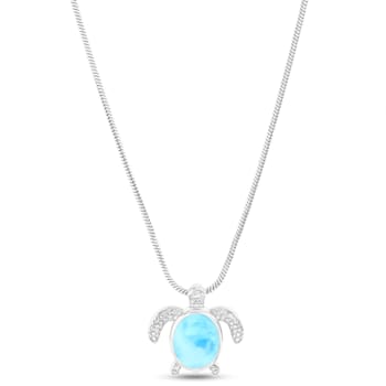 Textured Larimar Turtle Rhodium Over Sterling Silver Adjustable Necklace