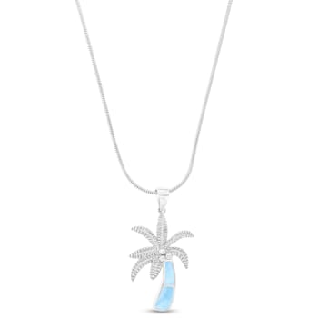 Textured Larimar Palm Tree Rhodium Over Sterling Silver Adjustable Necklace