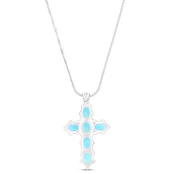 Larimar Oval Cross Rhodium Over Sterling Silver Adjustable Necklace