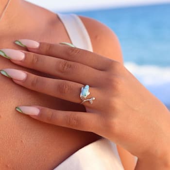 Larimar Rhodium Over Sterling Silver Dolphin Ring