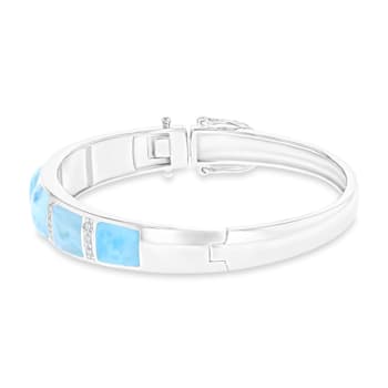 Larimar and Cubic Zirconia Rhodium Over Sterling Silver Bangle Bracelet