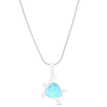 Heart Larimar Turtle Rhodium Over Sterling Silver Adjustable Necklace