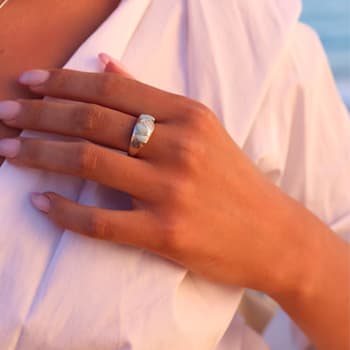 Larimar and Cubic Zirconia Mosaic Rhodium Over Sterling Silver Ring
