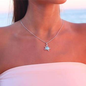 Heart Larimar Turtle Rhodium Over Sterling Silver Adjustable Necklace