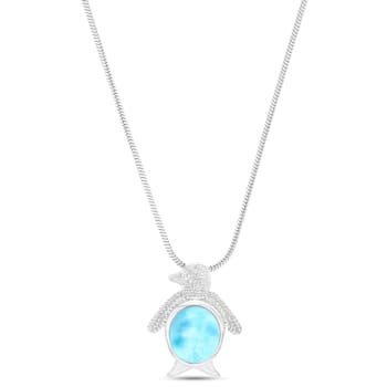 Textured Larimar Penguin Rhodium Over Sterling Silver Adjustable Necklace