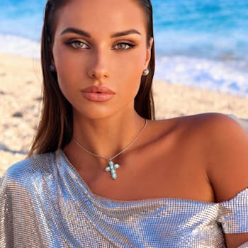 Larimar Oval Cross Rhodium Over Sterling Silver Adjustable Necklace