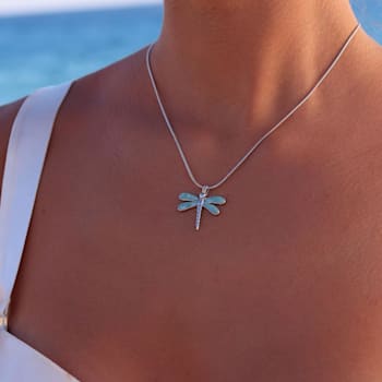 Larimar Dragonfly Rhodium Over Sterling Silver Adjustable Necklace