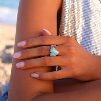 Larimar Rhodium Over Sterling Silver Open Heart Shank Ring