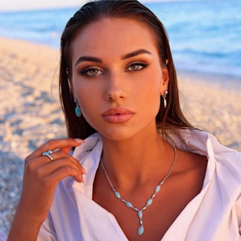 Marquise-Shaped Larimar Rhodium Over Sterling Silver "Y" Necklace