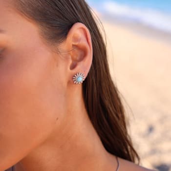 Larimar Sunflower Rhodium Over Sterling Silver Stud Earring