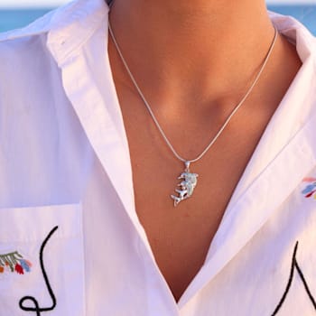 Larimar Double Dolphin Rhodium Over Sterling Silver Adjustable Necklace