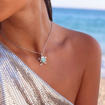 Heart Larimar Frog Rhodium Over Sterling Silver Adjustable Necklace