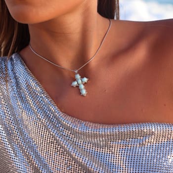 Larimar Oval Cross Rhodium Over Sterling Silver Adjustable Necklace