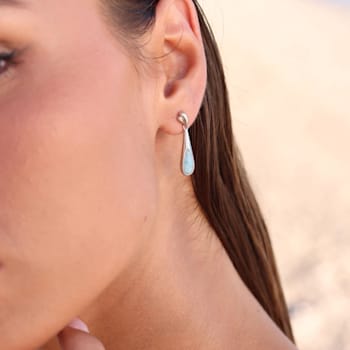 Pear Shape Larimar Teardrop Rhodium Over Sterling Silver Dangling Earring