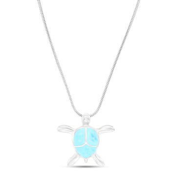 Larimar Swimming Turtle Rhodium Over Sterling Silver Adjustable Necklace