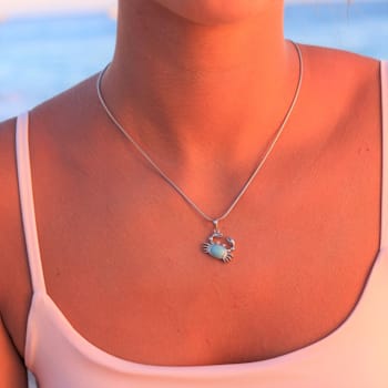 Larimar and Cubic Zirconia Crab Rhodium Over Sterling Silver Adjustable Necklace