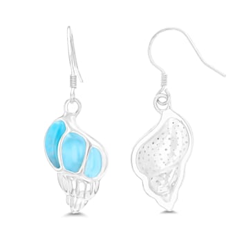 Larimar Seashell Rhodium Over Sterling Silver Fishhook Earring