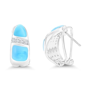 Larimar and Cubic Zirconia Row Omega Rhodium Over Sterling Silver Huggie Earring