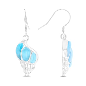 Larimar Seashell Rhodium Over Sterling Silver Fishhook Earring