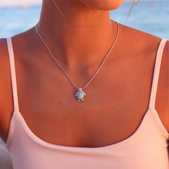 Textured Larimar Penguin Rhodium Over Sterling Silver Adjustable Necklace