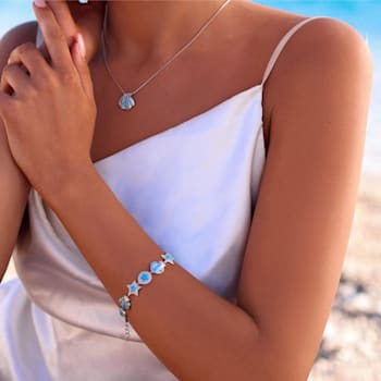 Larimar Star and Seashell Rhodium Over Sterling Silver Bracelet