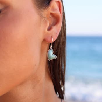 Larimar Heart Dangling Rhodium Over Sterling Silver Fishhook Earring
