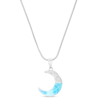 Larimar Crescent Moon Rhodium Over Sterling Silver Adjustable Necklace