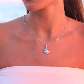 Heart Larimar Turtle Rhodium Over Sterling Silver Adjustable Necklace