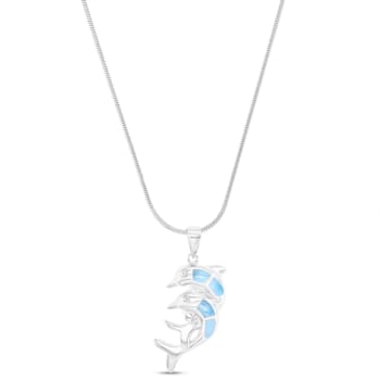 Larimar Double Dolphin Rhodium Over Sterling Silver Adjustable Necklace