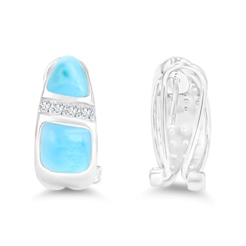 Larimar and Cubic Zirconia Row Omega Rhodium Over Sterling Silver Huggie Earring