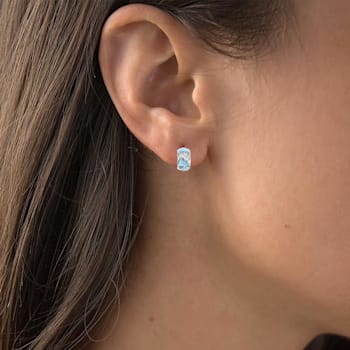 Larimar and Cubic Zirconia Mosaic Rhodium Over Sterling Silver Half Hoop Earring